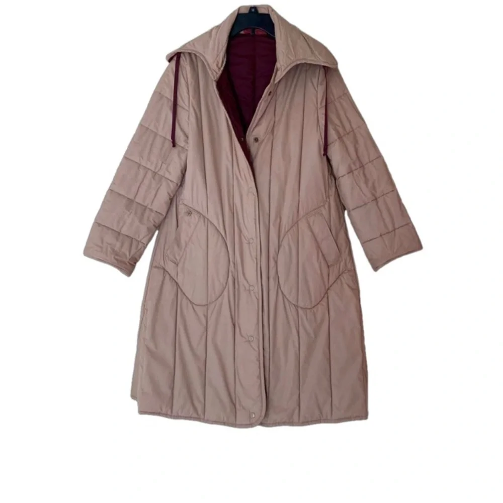 Vintage Etienne Aigner Reversible Puffer Coat Burgundy Tan Size 8 - Picture 2 of 10